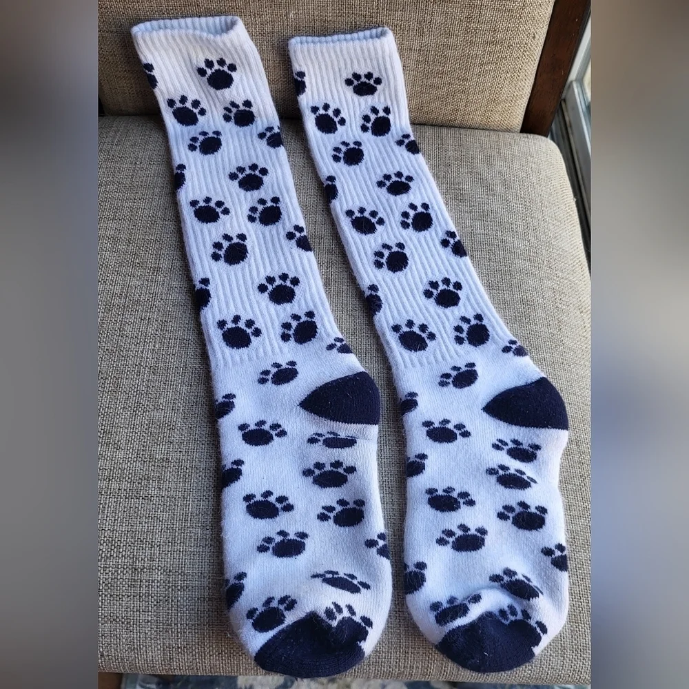 White Socks with Navy Blue Paw Prints